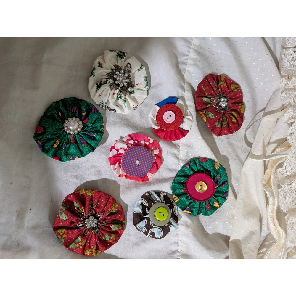 8pc Handmade Fabric Yo-Yo Pin Hair Clip Lot Mixed Patterns Rhinestones vintage